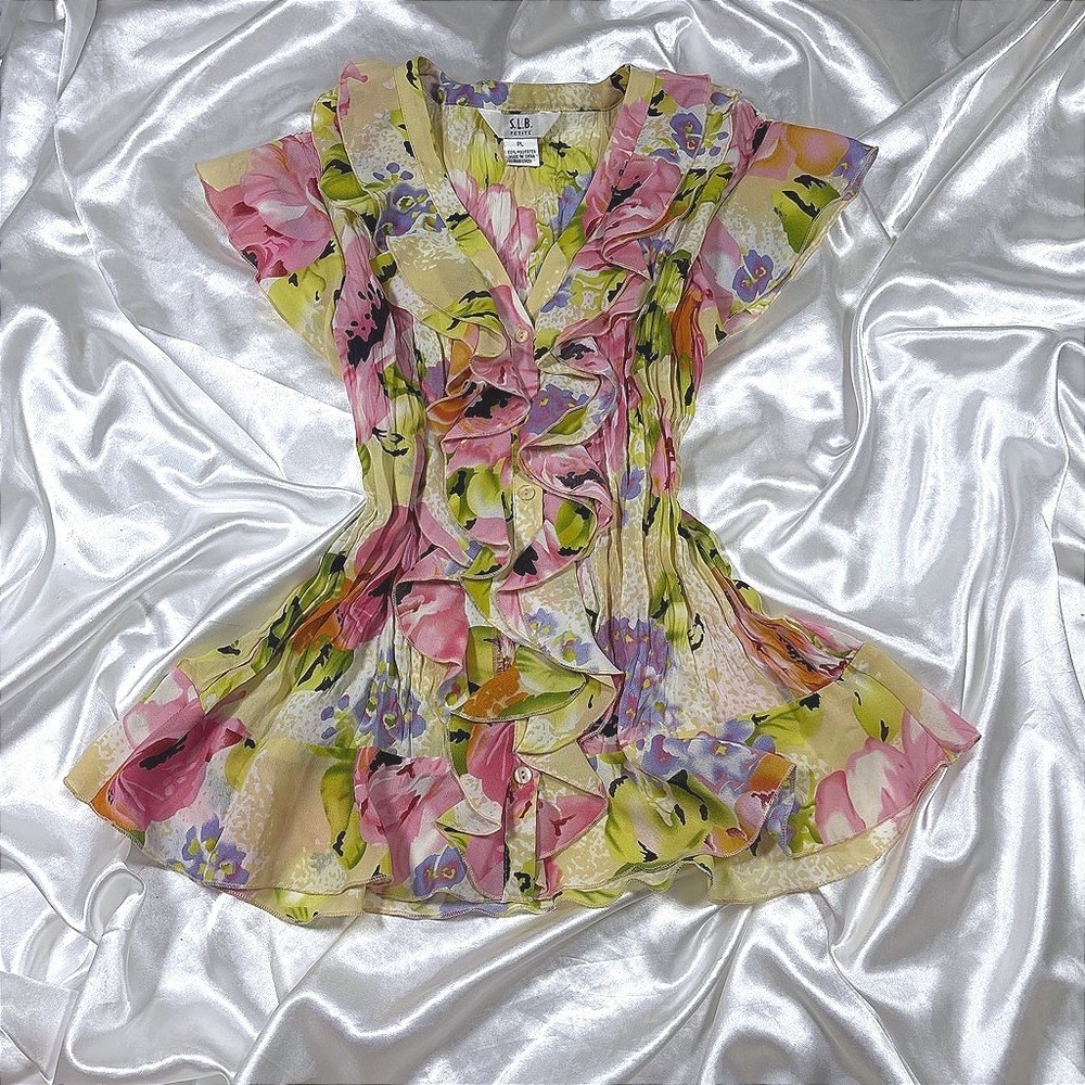 y2k Blouse Pink Excellent S.L.B. Petite Floral Ruffle Button Front Crinkle Top